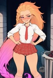 ai_generated alley alleyway begging_for_sex bimbo bimbofication league_of_legends prostitution school_uniform schoolgirl slut slutty zoe_(league_of_legends)