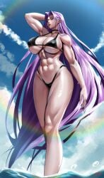 arms_up big_breasts bikini black_bikini daylight daytime fate/stay_night fate_(series) fit_female hair_ornament hairdressing hips large_breasts light-skinned_female light_skin long_hair long_nails long_sleeves medusa_(fate) milf milk muscular_female purple_eyes purple_hair sea shiny_skin six_pack sky smooth_skin sole_female solo solo_female solo_focus standing sweat sweatdrop thick_legs thick_thighs very_long_hair zinfian