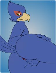 anthro anus ass avian backsack balls beak blue_body butt_pose falco_lombardi genitals green_eyes hand_on_hip hi_res looking_at_viewer looking_back lying male nintendo on_side pose simple_background smile snek77 solo star_fox tail