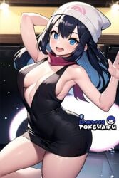 ai_generated black_minidress blue_eyes blue_hair dawn_(pokemon) game_freak minidress nintendo pokemon pokemon_bdsp pokemon_dppt solo thighs