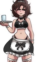 1girls belly brown_hair female fishnets frisk glass holding_object hourglass_figure large_breasts last_u17 legwear light-skinned_female light_skin maid maid_uniform medium_hair navel nervous simple_background slim_waist solo thighs toby_fox tray undertale uniform wavy_hair wide_hips