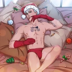 1boy bed bedroom bedroom_eyes belly_button blue_eyes candy candy_cane charlez_frost christmas christmas_clothes christmas_decor christmas_sweater croptop dating_app dating_sim dimples earrings holiday_clothing holiday_hat holidays laying laying_down laying_on_back laying_on_bed male male_only me_chat mechat mistletoe muscles muscular muscular_arms muscular_male nipples ornament ornaments pillow pillows pointy_ears red_panties red_underwear saint_nicholas saint_nick santa santa_claus santa_gloves santa_hat smile tattoo tattoo_on_chest tattooed_chest tattooed_male tattoos twinkle_lights white_hair