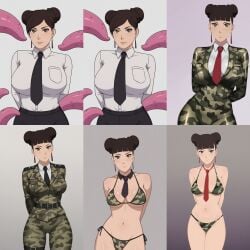 ai_generated arms_behind_back big_breasts boruto:_naruto_next_generations brown_eyes brown_hair business_suit camouflage civitai collage hair_bun large_breasts multiple_views naruto naruto_(series) necktie tenten