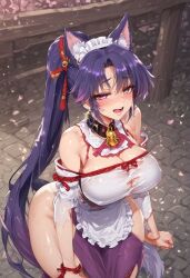 1girls ai_generated apron big_ass big_breasts blush cat_ears cat_tail catgirl dreambuild embarrassed female female_only from_behind large_ass large_breasts maid maid_apron maid_headdress maid_outfit maid_uniform ponytail purple_eyes purple_fur purple_hair shiny_skin smile solo solo_female solo_focus torn_clothes white_apron