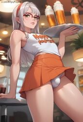 1femboy ai_generated armpits bulge bulge_through_clothing femboy femboy_hooters femboy_only glasses goddess_of_victory:_nikke grey_hair hooters hooters_uniform killjoyproject neon_(nikke) orange_skirt panties penis