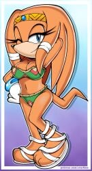 1girls arm_behind_head bandage bikini blue_eyes bra cleavage clothing female female_only gloves navel one_eye_closed orange_fur orange_hair panties partially_clothed sega senshion simple_background solo solo_female sonic_(series) sonic_adventure sonic_the_hedgehog_(series) style_imitation tagme tail tikal_the_echidna uekawa_style