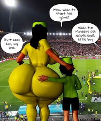 3d arte-rvacomics ass back_view backboob big_ass big_breasts black_hair cap character_request dat_ass daz3d daz_studio english_text hand_on_ass huge_ass huge_breasts latina male milf mother mother_and_son nude_female original_characters photo_background rvacomics stadium text text_bubble yellow_suit