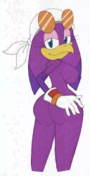 ass avian bandana beak bird blue_eyes breasts clothing eyewear female flame_markings glasses gloves handwear hi_res kerchief looking_at_viewer markings nipples purple_body sega side_boob smile solo sonic_(series) sonic_riders sonic_the_hedgehog_(series) superix third-party_edit wave_the_swallow