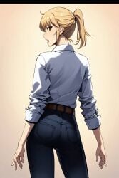 ai_generated blonde_hair brown_eyes cha_hae_in female jeans looking_back open_mouth ponytail solo_leveling white_shirt