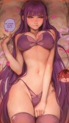 1boy 1girls big_breasts biting_lip blush bra breasts exposed_belly fern_(sousou_no_frieren) horny horny_female imminent_sex kittew long_hair looking_away nosebleed panties purple_bra purple_panties sousou_no_frieren stark_(sousou_no_frieren) sweatdrop