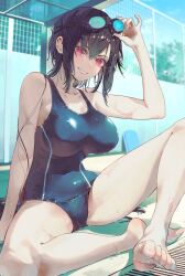 alternate_costume barefoot black_hair breasts cameltoe cleavage collarbone competition_swimsuit female goggles goggles_on_headwear highres kurokoma_saki large_breasts light_brown_hair lips long_hair one-piece_swimsuit pointy_hair red_eyes saki_kurokoma school_swimsuit sidelocks smile solo spread_legs swimsuit syuri22 touhou