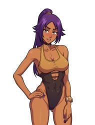 1girls 2023 bleach collarbone dark-skinned_female dark_skin female hand_on_hip highleg_leotard leotard looking_at_viewer open_mouth purple_hair purple_nail_polish purple_nails shihouin_yoruichi solo solo_female somka108 swimsuit two_tone_leotard white_background yoruichi_shihouin