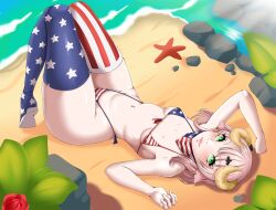 1girls american_flag american_flag_bikini beach bikini breasts commission curvy front-tie_bikini full_body green_eyes haarmades hi_res horned_humanoid horns hourglass_figure legs_up looking_at_viewer lying medium_hair micro_bikini neckerchief nipple_bulge on_back original original_character outdoors pink_hair side-tie_bikini small_breasts solo swimsuit thigh_boots thighhighs water wide_hips