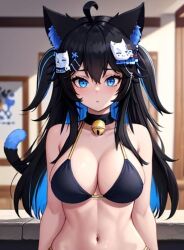 1girls ai_generated bell bikini black_hair blue_eyes blush breast cat_ears cat_tail catgirl collar female focus fogine lowres navel neko nervous_sweat nott_vt owozu solo tail virtual_youtuber