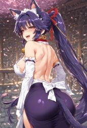 1girls ai_generated apron big_ass big_breasts blush cat_ears cat_tail catgirl dreambuild female female_only from_behind large_ass large_breasts maid maid_apron maid_headdress maid_outfit maid_uniform purple_eyes purple_fur purple_hair shiny_skin smile solo solo_female solo_focus white_apron