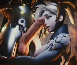 1boy 1girls 3d areolae balls big_balls big_penis blender breasts cock_worship erection female genji male mercy nipples overwatch penis straight testicles wunder