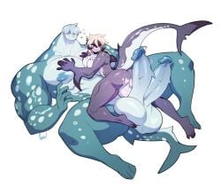 2024 2_penises anthro anthro_on_anthro ass balls barefoot big_balls big_nipples big_penis blonde_hair blue_body blue_hair diphallia diphallism duo erection feet fish foot_on_balls genitals hair hair_over_eyes hi_res huge_balls huge_cock huge_nipples imminent_anal imminent_sex larger_male lying male male/male marine multi_genitalia multi_penis multicolored_body nedoiko nipples on_back on_partner open_mouth open_smile penis purple_body purple_eyes shark simple_background size_difference smaller_male smile two_tone_body