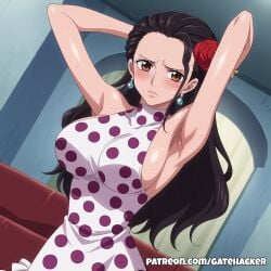 ai_generated armpits arms_behind_head black_hair blush brown_eyes dress dressrosa earrings embarrassed female female_only flower_in_hair gatehacker hair_slicked_back indoors light_frown long_hair looking_at_viewer one_piece polka_dot polka_dot_dress rose solo sweatdrop viola_(one_piece)