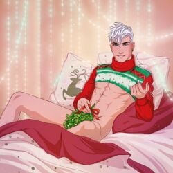 1boy 1male bed bedroom bedroom_eyes belly_button blue_eyes charlez_frost christmas christmas_clothes christmas_lights christmas_sweater croptop cutie dating_app dating_sim dimples earrings holiday_clothing holidays hottie laying laying_down laying_on_bed laying_on_side male male_only me_chat mechat mistletoe muscles muscular muscular_arms muscular_male nipples pointy_ears saint_nicholas saint_nick santa santa_claus sexy sexy_pose smile tattoo tattoo_on_chest tattooed_chest tattooed_male tattoos twinkle_lights white_hair