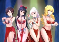 4girls belly_dancer belly_dancer_outfit blake_belladonna bondage female female_only harem harem_girl harem_outfit hazunanoni human loincloth multiple_girls pelvic_curtain ruby_rose rwby slave slave_bikini slave_collar slave_outfit weiss_schnee yang_xiao_long