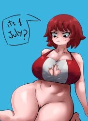 1girls big_breasts black_eyes boob_window bra canada canada_day female freckles july kim_pine kneeling mapachequeque maple_leaf naked_from_the_waist_down nipple_bulge red_hair red_head scott_pilgrim shaved_pussy short_hair solo solo_female striped_bra thick_thighs
