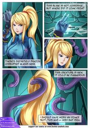 blonde_hair blue_eyes bodysuit comic dialogue english_text female gun holding_weapon jberserk limn long_hair metroid nintendo nipple_bulge otakusexart page_1 penis_tentacles pistol ponytail samus_aran tentacle tentacles trigger_discipline url zero_suit_samus