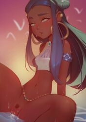 1girls big_ass blush dark-skinned_female dark_skin female female_only looking_at_viewer nessa_(pokemon) pokemon pokemon_ss pussy raunchyninja small_breasts solo thin_waist wet