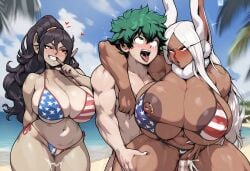 ai_generated american_flag_bikini big_nipples boku_no_hero_academia cum cum_in_pussy cum_inside curvaceous curvy curvy_female dark-skinned_female dreson elf_female flag_bikini green_hair huge_breasts huge_thighs izuku_midoriya mirko miruko my_hero_academia red_eyes rumi_usagiyama sex silver_hair vaginal_penetration vaginal_sex