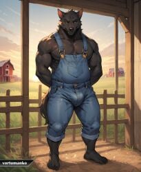 2024 absurd_res ai_generated anthro anthrofied artist_name backlighting barefoot barn biped black_body black_claws black_nose black_skin black_tail blue_overalls bulge canid canine canis cheek_tuft claws claws_out cloud cloudy denim_overalls detailed_background english_description english_text facial_tuft fangs farm feet fence fluffy fluffy_tail fur glistening glistening_body glistening_skin hands_behind_back hi_res humanoid_feet light lighting male mammal monotone_body monotone_fur monotone_skin monotone_tail muscular muscular_anthro muscular_male narrowed_eyes outdoors outside overalls_only pink_inner_ear pony_diffusion_(model) signature smile solo stable_diffusion sun sunrise teeth text toes tuft vortumanko wall_(structure) watermark wolf wood_wall