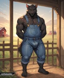 2024 absurd_res ai_generated anthro anthrofied artist_name backlighting barefoot barn biped black_body black_claws black_nose black_skin black_tail blue_overalls bulge canid canine canis cheek_tuft claws claws_out cloud cloudy denim_overalls detailed_background english_description english_text facial_tuft fangs farm feet fence fluffy fluffy_tail fur glistening glistening_body glistening_skin hands_behind_back hi_res humanoid_feet light lighting male male_only mammal monotone_body monotone_fur monotone_skin monotone_tail muscular muscular_anthro muscular_male narrowed_eyes outdoors outside overalls_only pink_inner_ear pony_diffusion_(model) signature smile solo stable_diffusion sun sunrise teeth text toes tuft vortumanko wall_(structure) watermark wolf wood_wall