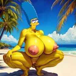 1girls 20th_century_fox 20th_century_studios ai_generated beach big_breasts breasts fantasy female hair_blue huge_breasts human marge_simpson pussy solo solo_female squatting the_simpsons yellow_skin