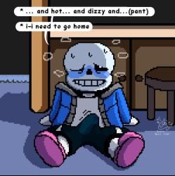 blush bulge bulge_through_clothing dialogue dizzy erection fallen_ghost_angel_(artist) heat in_heat pixel_art sans undertale