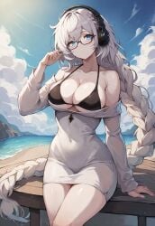 ai_generated bare_legs bare_shoulders beach bikini bikini_top bikini_under_clothes blue_eyes braided_hair civitai cleavage glasses headphones kantai_collection long_hair off_shoulder outdoors sitting sky supply_depot_hime underboob very_long_hair white_dress white_hair white_skin