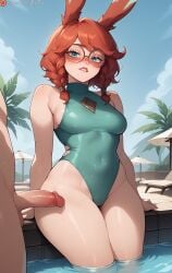 1boy 1boy1girl 1girls ai_generated animal_ears aurora_(league_of_legends) bare_arms bare_legs bigzbig biting_lip biting_own_lip blue_eyes blush braids clouds color colored female freckles glasses league_of_legends looking_at_viewer medium_breasts palm_tree palm_trees patreon_username penis pool rabbit_ears red_hair riot_games round_glasses short_hair sky sun_umbrella sunbed swimsuit swimwear thick_thighs tile_floor uncensored uncensored_penis water watermark wide_hips