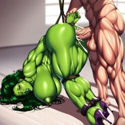 ai_generated anal anal_insertion anal_sex ass big_breasts bondage bound bound_arms bound_wrists breasts cock_and_balls cock_in_ass cum_drip cum_dripping_from_anus cum_dripping_from_ass cum_in_ass green_hair green_skin heels high_heels huge_breasts male male_on_female male_penetrating marvel marvel_comics muscular muscular_female muscular_male naked_futa penis pussy pussy_lips rope_bondage sex she-hulk submissive_female superheroine