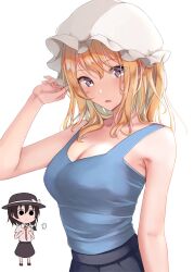 2girls black_hair blonde_female blonde_hair blonde_hair_female breast_size_difference fumei_(mugendai) headwear jealous light-skinned_female light_skin maribel_hearn medium_breasts not_porn renko_usami safe safe_for_work sfw size_comparison tank_top touching_breast touhou yuri