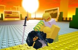 1girls 3d :3 backwards_cap bandages black_hair blush cap combat_initiation female first_porn_of_character genderswap_(mtf) hat katana mark_(combat_initiation) roblox roblox_game rule_63 self_upload sex sniper_rifle wompwompsad yellow_body yellow_skin