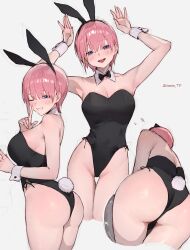 armpits arms_up ass ass_focus ass_visible_through_thighs back back_view bare_arms bare_back bare_legs bare_shoulders bare_thighs belly_button_visible_through_clothing big_ass big_breasts black_bunnysuit black_leotard blue_eyes blush breasts bunny_ears bunny_girl bunny_tail bunnysuit cleavage collarbone detached_collar finger_to_mouth go-toubun_no_hanayome highleg highleg_leotard index_finger_raised leotard nakano_ichika one_eye_closed open_mouth parted_lips pink_hair short_hair sideboob smile solo sooon standing strapless strapless_leotard thighs tongue wink wrist_cuffs