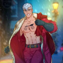 1boy 1male belly_button blue_eyes charlez_frost christmas christmas_clothes dating_app dating_sim dimples gloves male male_only me_chat mechat muscles muscular muscular_arms muscular_male nipples pointy_ears presents saint_nicholas saint_nick santa santa_claus santa_clothes santa_costume santa_gloves santa_suit smile snow tattoo tattoo_on_chest tattooed_chest tattooed_male tattoos walking white_hair