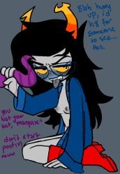 1boy 1girls angry bodily_fluids embarrassed eridan_ampora female glasses holding_penis homestuck homestuck_troll lost_bet male mspaintadventures partially_clothed sticking_out_tongue strilalonder tentabulge tentacle_penis vriska_serket