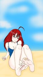 beach blush feet foot_fetish one-piece_swimsuit red_hair red_toenails soles swimsuit toes zanorat