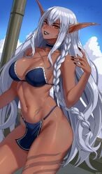 1girls absurd_res art_trade big_breasts bikini black_lipstick braided_hair dark-skinned_female dark_elf dark_skin elf elf_ears elf_female female female_only full_lips large_breasts long_ears long_hair looking_at_viewer mature_female pointy_ears red_eyes slim_waist smiling smiling_at_viewer solo teeth_showing thick_thighs ultrabinou very_long_hair white_hair wide_hips