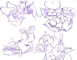 4_fingers age_difference anthro cartoon_network chowder chowder_(character) chowder_(series) cub cum cum_on_food dialogue endive erect_nipples eyes_closed frown furry futanari gay male/female male/male mouth_open nipples nipples_visible_through_clothing old oral oral_sex panini purple_outline seanblackthorne shnitzel sketches solo solo_male speech_bubble straight text truffles_(chowder) white_background yaoi young