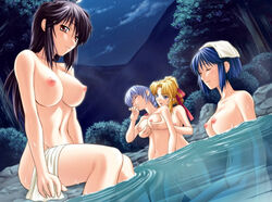 4girls bath black_hair blonde_hair blue_eyes blue_hair braid breast_grab breasts closed_eyes erika_kiriya feet_in_water female game_cg groping kiriya_erika kurogane_otome large_breasts lavender_hair multiple_girls night nipples nude onsen otome_kurogane outdoors ponytail red_eyes satou_yoshimi sitting tied_hair towel tsuyokiss wading water wet yashi_nagomi yuri