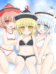 blonde_hair blue_eyes blue_hair blush bra brown_eyes brown_hair hat lingerie lunasa_prismriver lyrica_prismriver merlin_prismriver midriff multiple_girls panties ry short_hair siblings sisters touhou underwear wink yellow_eyes