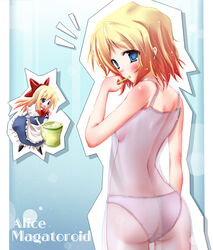 1girls alice_margatroid ass back blonde_hair blue_eyes blush breasts brushing_teeth camisole character_name chemise color female from_behind lingerie looking_back panties scarlet_(studioscr) see-through shanghai_doll short_hair sideboob solo team_shanghai_alice toothbrush touhou underwear underwear_only