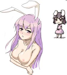 animal_ear blush blush_stickers breast_lift breasts brown_hair bunny_ear camera chibi color female female_only ket-c long_hair multiple_girls nipples oekaki pixel purple_hair reisen_udongein_inaba short_hair smirk sweatdrop tewi_inaba touhou