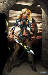 1girls 2008 art bimbo blonde_hair boots breasts dominic_marco erect_nipples green_eyes high_heel_boots high_heels hourglass_figure morgan_ironwolf nipples shield sword weapon