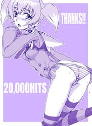 00s 1girls ass bent_over blush breasts cameltoe diebuster female gainax gunbuster hanzaki_jirou human leg_lift light-skinned_female light_skin looking_at_viewer monochrome panties purple_theme short_hair short_twintails solo striped striped_legwear striped_panties striped_thighhighs thighhighs tied_hair twintails tycho_science underwear