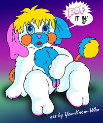 1girls blonde_hair blue_eyes blue_fur english_text fur furry furry_only no_humans open_mouth popples presenting puffball_(popples) pussy_juice short_hair smile solo tail uncensored white_fur you-know-who